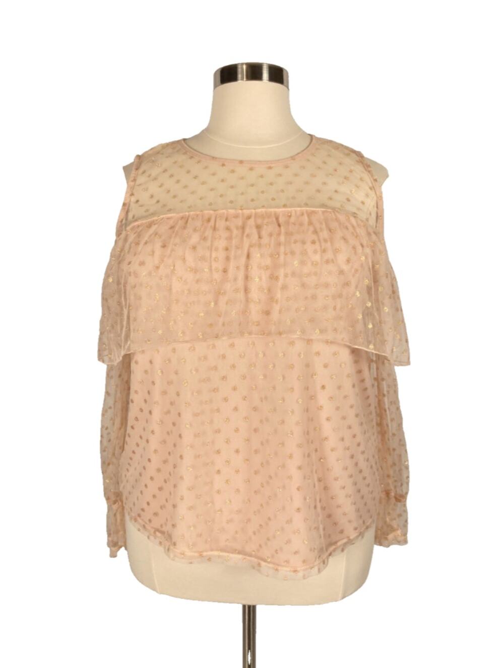 1X Boutique Polka Dot Baby Pink Gold ruffle mesh cold shoulder lined blouse